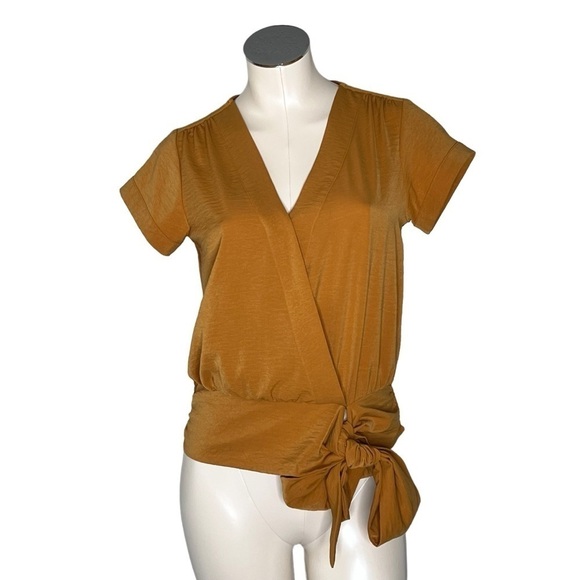 NWOT NINE WEST Women's Tie Waist Wrap Top Blouse Mustard Yellow Size XS - Picture 3 of 16